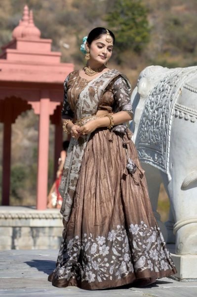 Regal Grace Printed Silk Half Saree Set with Heavy Flare & Traditional Charm Half Saree Lehenga