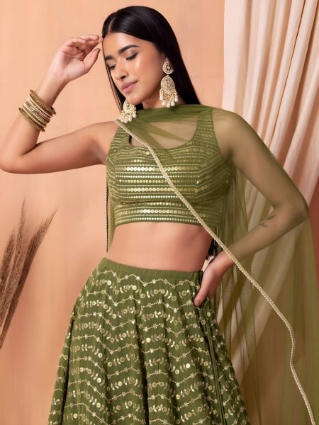 Modern Mahendi Green Boutique Style Georgette Lehenga Choli for Wedding Designer Lehenga Choli