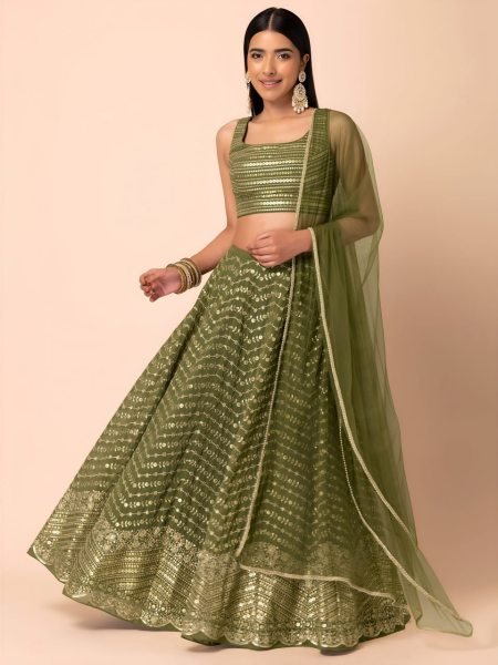 Modern Mahendi Green Boutique Style Georgette Lehenga Choli for Wedding Designer Lehenga Choli