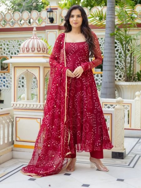 Modern Maroon Bandhani Print Alfino Chiffon Anarkali Suit with Palazzo for Diwali Wear Kurtis