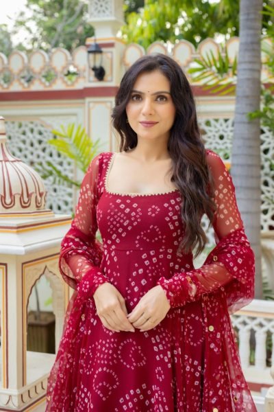 Modern Maroon Bandhani Print Alfino Chiffon Anarkali Suit with Palazzo for Diwali Wear Anarkali Kurtis 