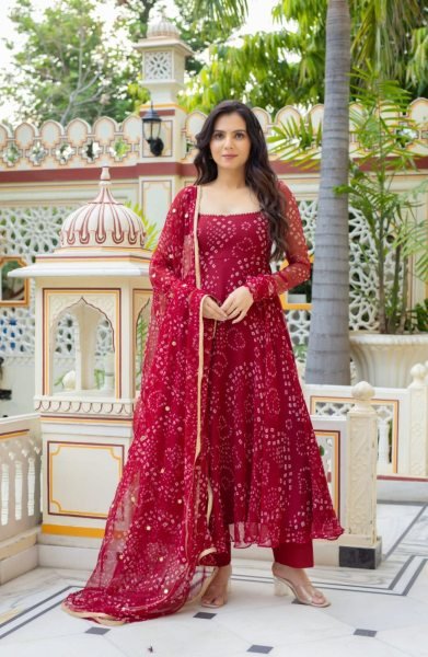 Modern Maroon Bandhani Print Alfino Chiffon Anarkali Suit with Palazzo for Diwali Wear Anarkali Kurtis 