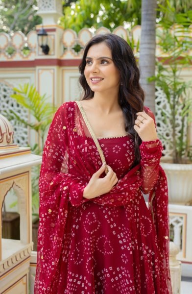 Modern Maroon Bandhani Print Alfino Chiffon Anarkali Suit with Palazzo for Diwali Wear Anarkali Kurtis 