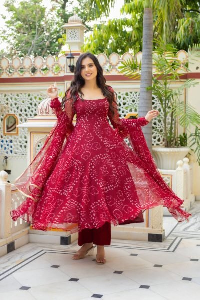 Modern Maroon Bandhani Print Alfino Chiffon Anarkali Suit with Palazzo for Diwali Wear Anarkali Kurtis 