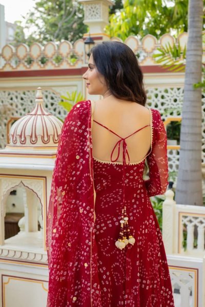Modern Maroon Bandhani Print Alfino Chiffon Anarkali Suit with Palazzo for Diwali Wear Anarkali Kurtis 