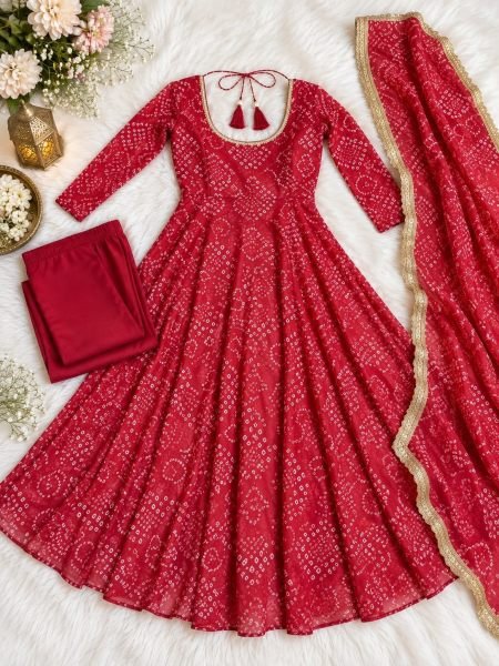 Modern Maroon Bandhani Print Alfino Chiffon Anarkali Suit with Palazzo for Diwali Wear Anarkali Kurtis 