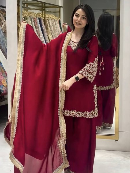 Modern Maroon Blooming Faux Top Sharara Set With Embroidered For Women 
