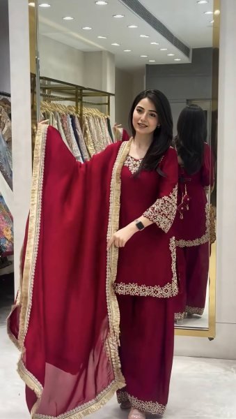 Modern Maroon Blooming Faux Top Sharara Set With Embroidered For Women Ready To Wear Collection