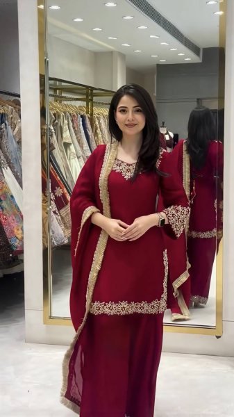 Modern Maroon Blooming Faux Top Sharara Set With Embroidered For Women Ready To Wear Collection