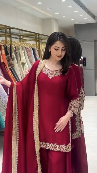 Modern Maroon Blooming Faux Top Sharara Set With Embroidered For Women Ready To Wear Collection