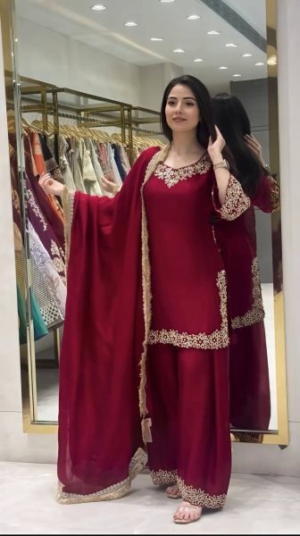 Modern Maroon Blooming Faux Top Sharara Set With Embroidered For Women Ready To Wear Collection