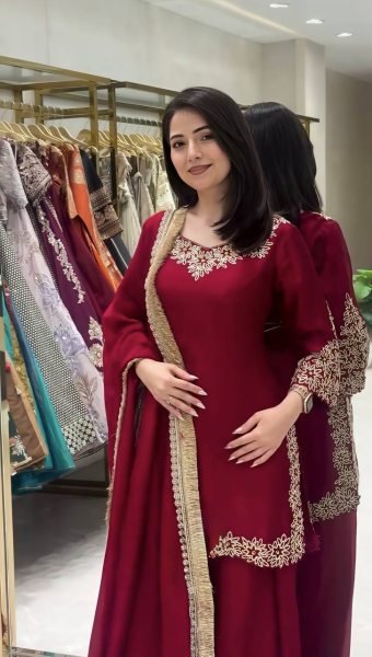 Modern Maroon Blooming Faux Top Sharara Set With Embroidered For Women Ready To Wear Collection