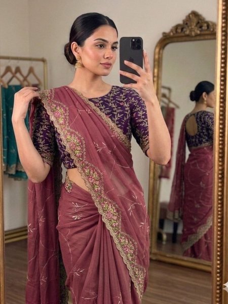 Modern Maroon Georgette Saree with Multi Embroidery Work for Wedding Wear Sarees 
