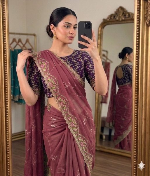 Modern Maroon Georgette Saree with Multi Embroidery Work for Wedding Wear Embroidery Sarees Wholesale