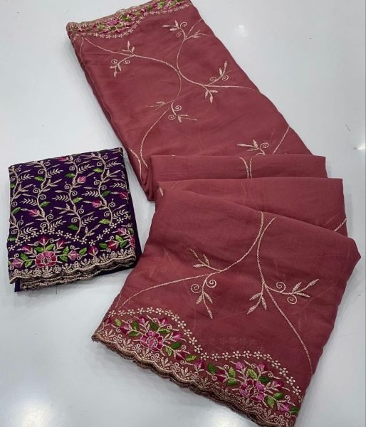 Modern Maroon Georgette Saree with Multi Embroidery Work for Wedding Wear Embroidery Sarees Wholesale