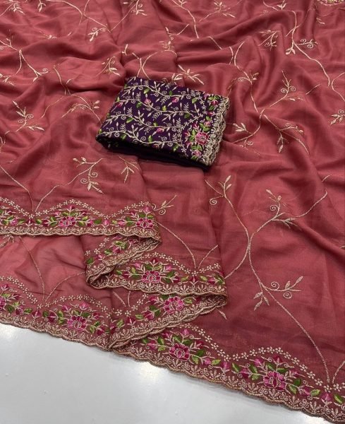 Modern Maroon Georgette Saree with Multi Embroidery Work for Wedding Wear Embroidery Sarees Wholesale