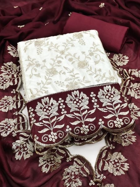 Modern Maroon Premium Designer Vichitra Silk Dress Material for Weddings and Festivals 