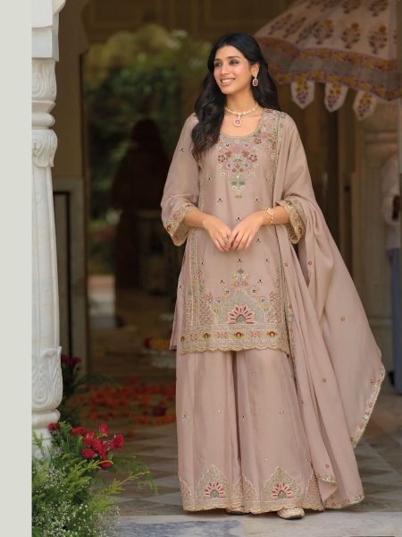 Modern Mauve Heavy Chinon Kurti Palazzo Set with Embroidered Dupatta For Wedding 