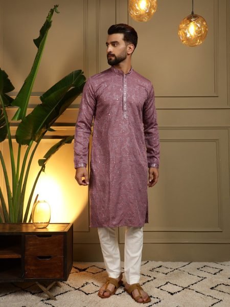 Modern Mauve Stylish Khadi Cotton Men's Kurta with Embroidery and Mirror Work Chudidar Kurta Pajama Wholesale