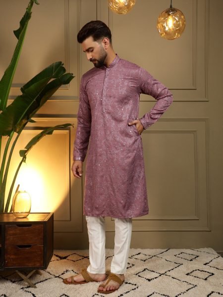 Modern Mauve Stylish Khadi Cotton Men's Kurta with Embroidery and Mirror Work Chudidar Kurta Pajama Wholesale