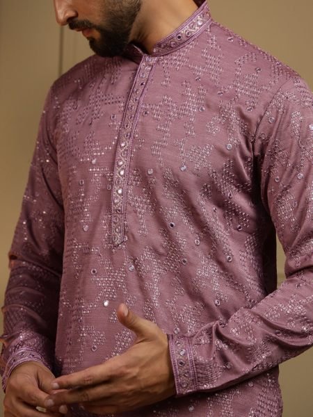 Modern Mauve Stylish Khadi Cotton Men's Kurta with Embroidery and Mirror Work Chudidar Kurta Pajama Wholesale