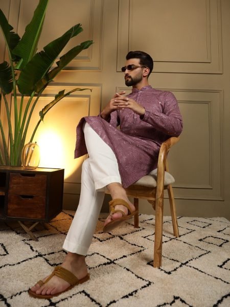 Modern Mauve Stylish Khadi Cotton Men's Kurta with Embroidery and Mirror Work Chudidar Kurta Pajama Wholesale