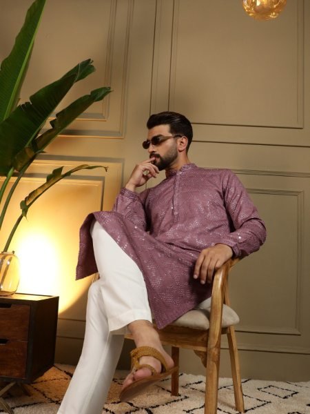Modern Mauve Stylish Khadi Cotton Men's Kurta with Embroidery and Mirror Work Chudidar Kurta Pajama Wholesale
