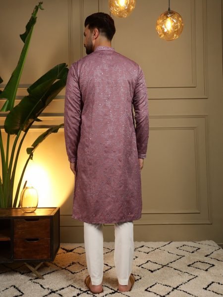 Modern Mauve Stylish Khadi Cotton Men's Kurta with Embroidery and Mirror Work Chudidar Kurta Pajama Wholesale
