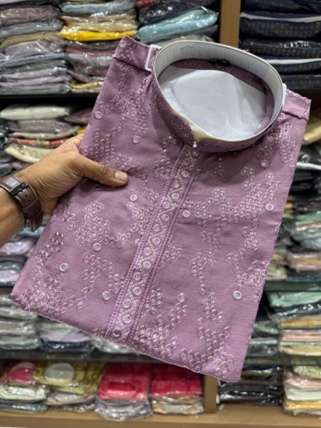 Modern Mauve Stylish Khadi Cotton Men's Kurta with Embroidery and Mirror Work Chudidar Kurta Pajama Wholesale