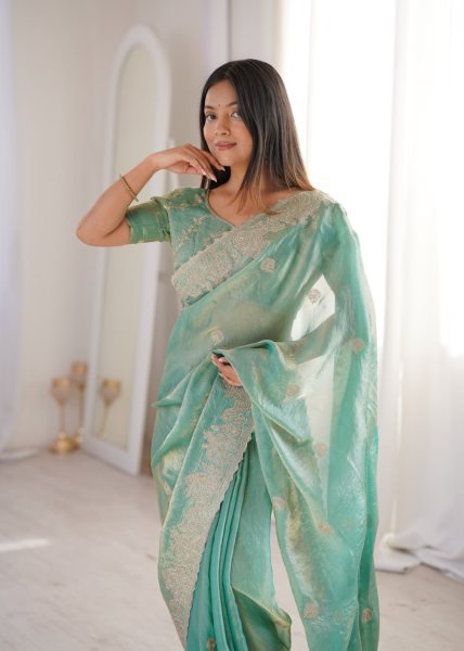 Modern Mint Green Fendy Crush Saree with Unstitched Blouse For Boutique Collection  Embroidery Sarees Wholesale