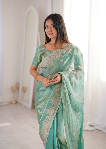 Modern Mint Green Fendy Crush Saree with Unstitched Blouse For Boutique Collection  Embroidery Sarees Wholesale