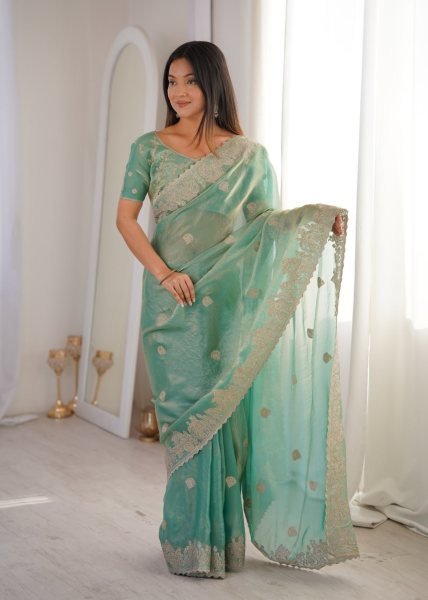 Modern Mint Green Fendy Crush Saree with Unstitched Blouse For Boutique Collection  Embroidery Sarees Wholesale