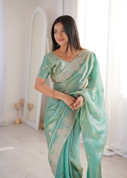 Modern Mint Green Fendy Crush Saree with Unstitched Blouse For Boutique Collection  Embroidery Sarees Wholesale