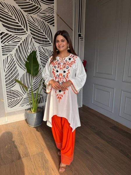 Modern Orange Designer Neutral Crepe Top with Farshi Salwar Set at Wholesale Rate CO ORD Sets