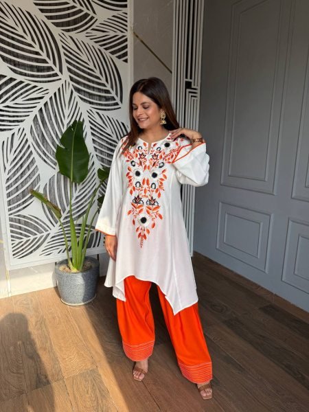 Modern Orange Designer Neutral Crepe Top with Farshi Salwar Set at Wholesale Rate CO ORD Sets