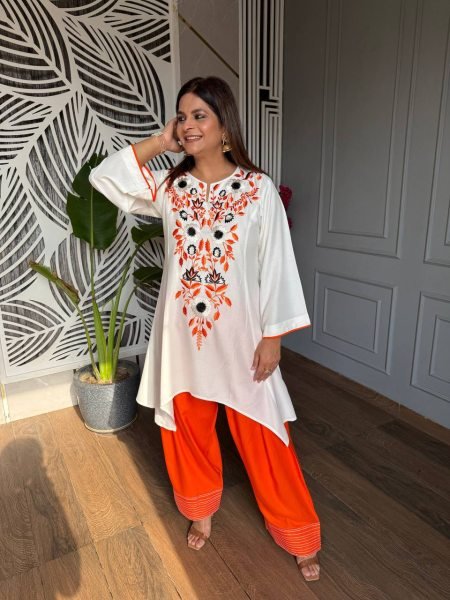 Modern Orange Designer Neutral Crepe Top with Farshi Salwar Set at Wholesale Rate CO ORD Sets