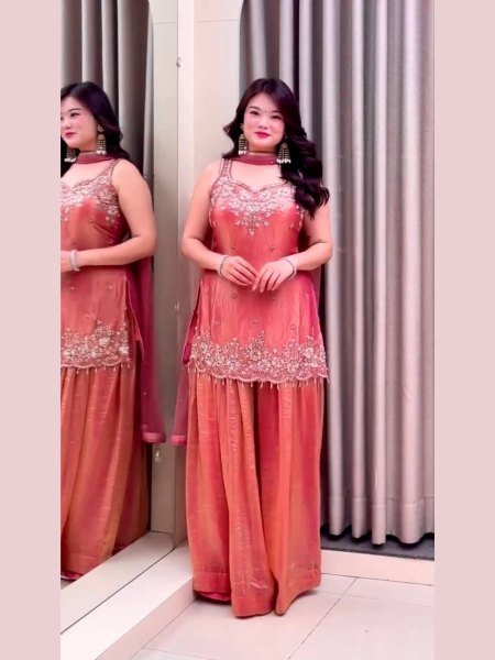 Modern Orange Fendy Silk Kurti Plazzo Set with Lace Dupatta for Wedding Wear 