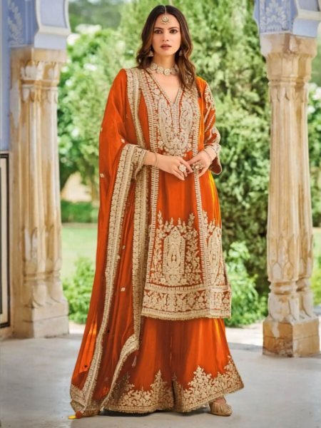 Modern Orange Heavy Chinon Three Piece Suit with Designer Sequins Work for Wedding Designer Plazzo Salwar Suits Wholesale