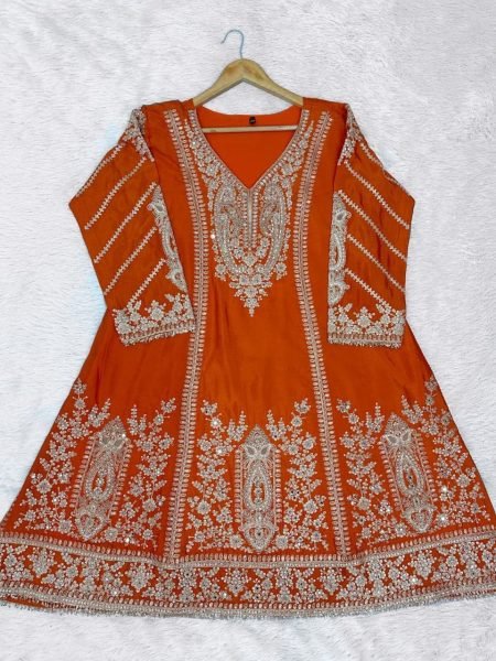 Modern Orange Heavy Chinon Three Piece Suit with Designer Sequins Work for Wedding Designer Plazzo Salwar Suits Wholesale