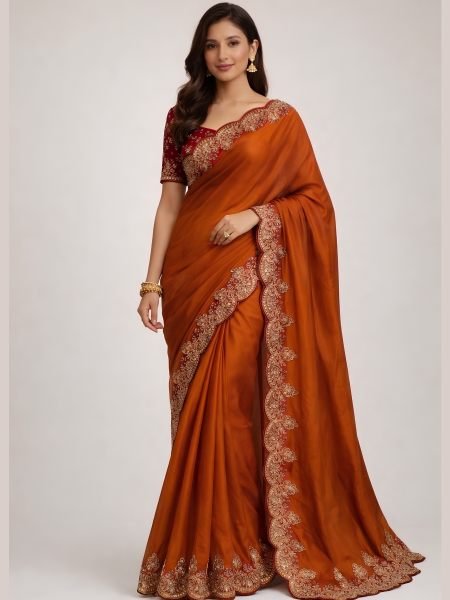 Modern Orange Rangoli Silk Saree with Matching Blouse at Factory Price Sarees 