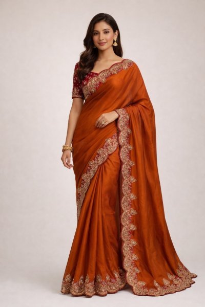Modern Orange Rangoli Silk Saree with Matching Blouse at Factory Price Silk Sarees Wholesale