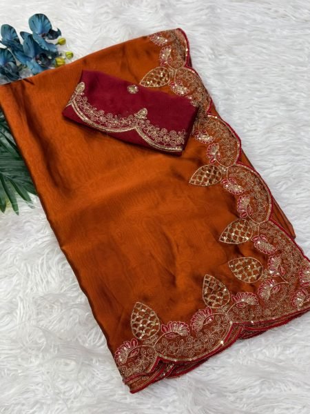 Modern Orange Rangoli Silk Saree with Matching Blouse at Factory Price Silk Sarees Wholesale