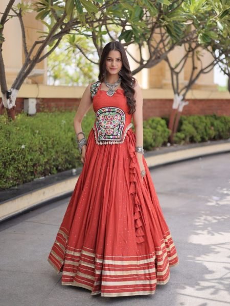 Modern Orange Reyon Chaniya Choli with Sleeveless Blouse For Dandiya Night