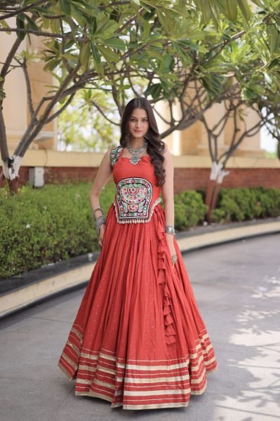Modern Orange Reyon Chaniya Choli with Sleeveless Blouse For Dandiya Night Navratri Lehnega Choli