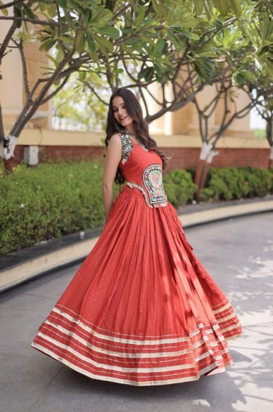 Modern Orange Reyon Chaniya Choli with Sleeveless Blouse For Dandiya Night Navratri Lehnega Choli