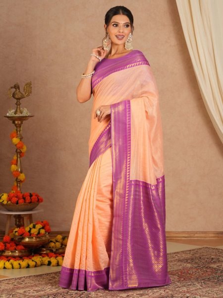 Modern Peach Banarasi Silk Saree with Matching Blouse Piece for Women Banarasi Saree Wholesale