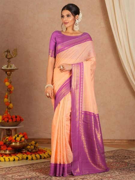Modern Peach Banarasi Silk Saree with Matching Blouse Piece for Women Banarasi Saree Wholesale