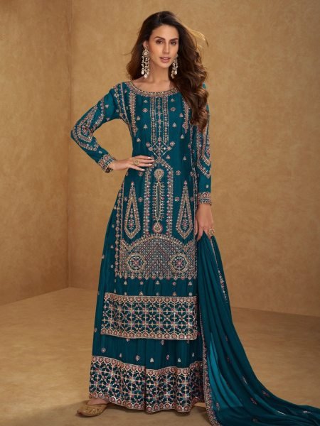  Modern Peacock Green Chinon Embroidered Salwar Kameez suit From The Hirni Designer Plazzo Salwar Suits Wholesale