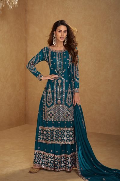 Modern Peacock Green Chinon Embroidered Salwar Kameez suit From The Hirni Designer Plazzo Salwar Suits Wholesale
