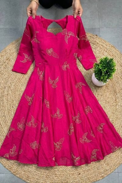 Modern Pink Chinnon Silk Embellished Gown with Unique Neckline for Festive Collection Anarkali Kurtis 